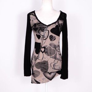 Desigual Brown Cotton Heart Print Raw Hem Long Sleeve T-Shirt SZ S